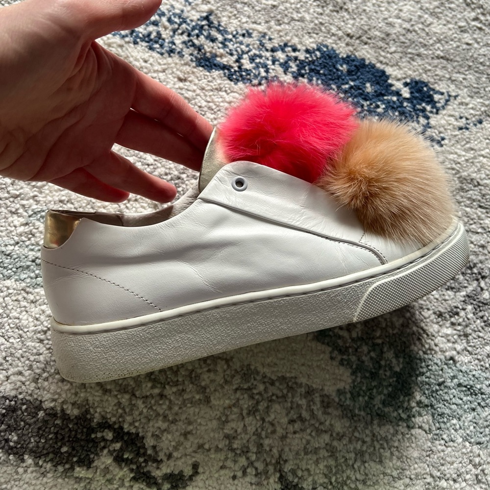 Here/Now Fox Fur Pom Pom Sneakers Pink and Tan